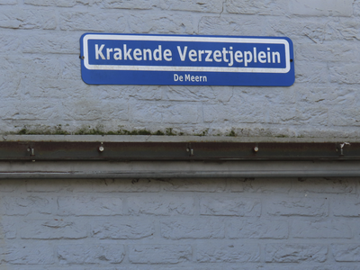 901290 Afbeelding van het fantasie-straatnaambordje 'Krakende Verzetjeplein De Meern', bij het clubhuis van de ...
